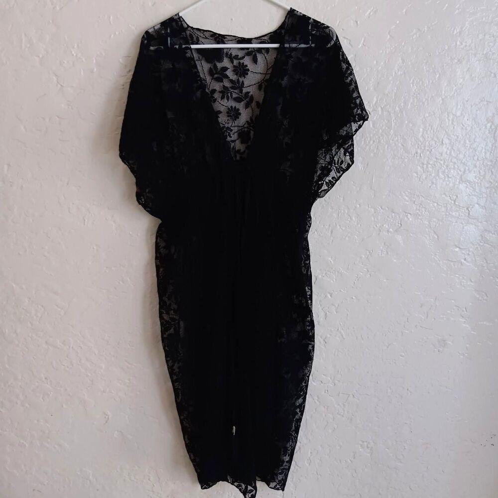 Women's Black Floral Lace Crochet Midi Robe Sheer Sleeveless Sz L/XL